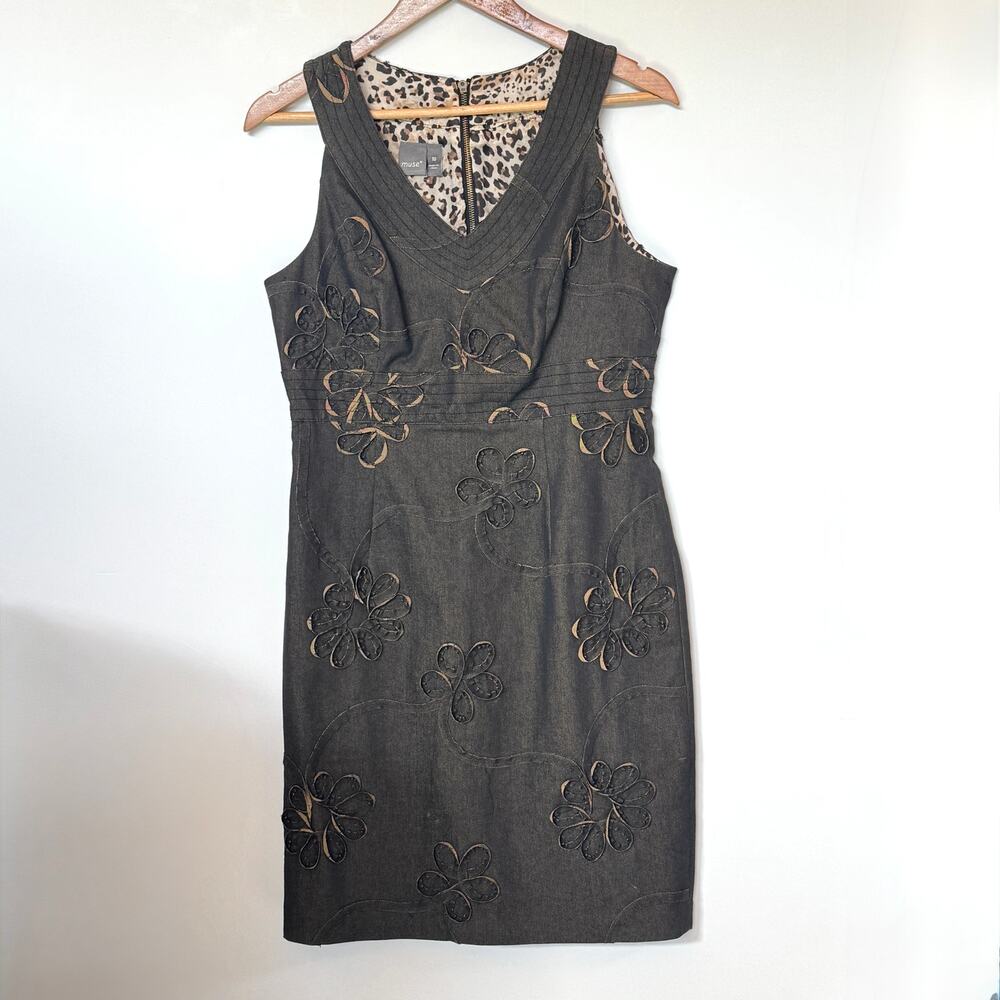 Muse Gray Black Denim V Neck dress with 3D rosette details, size 10